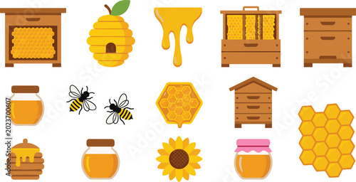 Photos Honey and Beekeeping Flat Vector Icon Set Featuring Beehive Wooden Hive Honeycom