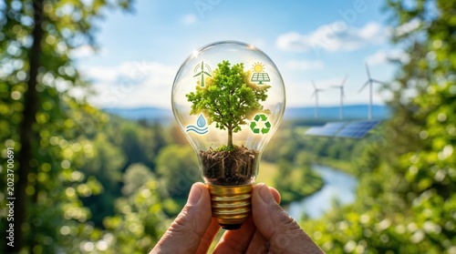 Light bulb with green tree inside with energy resources icon. Electricity and energy saving concept. Sustainable development, ecology and environment protect, Earth day, Renewable energy and recycling