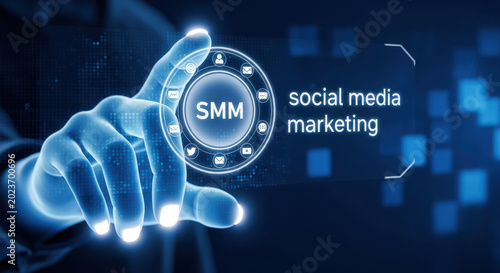 Navigating the Digital Sphere A Hand Interacting with a Holographic Interface Displaying SMM Social Media Marketing Concepts for Business Growth and Engagement