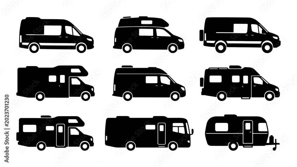 Fototapeta premium Diverse RV Camper Van Collection, Motorhome Icons Set, Recreational Vehicle Silhouettes for Travel and Outdoor Adventure Graphics