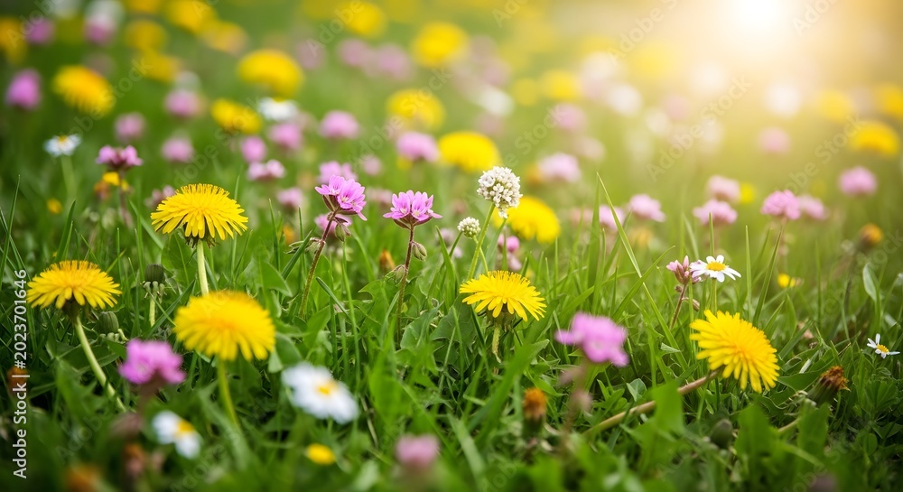 Fototapeta premium Vibrant wildflowers in a green meadow on a spring day with sun flare