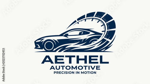 Sleek automotive logo with a sports car and speedometer design.