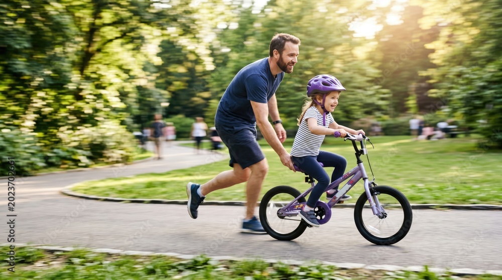Fototapeta premium Father teaches daughter to ride a bike in a park