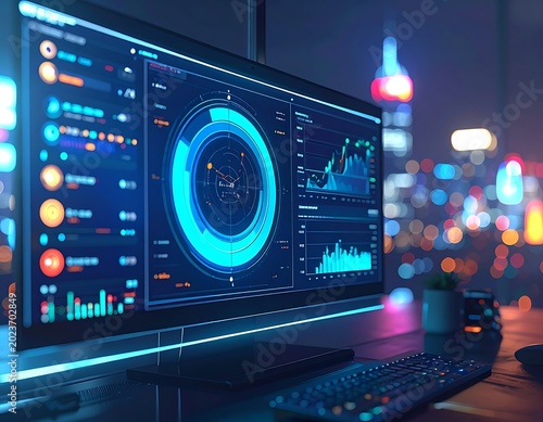 Futuristic Data Analysis Dashboard on Monitor with Cityscape Background.