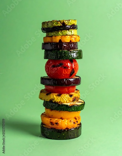 Grilled vegetable stack on green background.