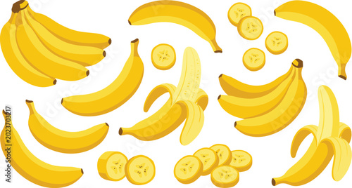 Banana fruit collection with whole peeled and sliced bananas cartoon tropical food vector illustration set