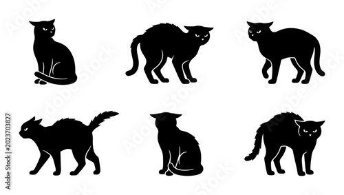Black Cat Silhouettes Collection, Feline Poses Vector Icons, Halloween Mood, Cute Pet Graphics