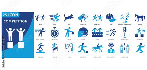 competition icon set of relay, fast, dog, finish flag, relay race, cap, group of men running, horse, relay runners, stopwatch, sport, helmet, chase, sprinting, traffic light, overcome, obstacle,