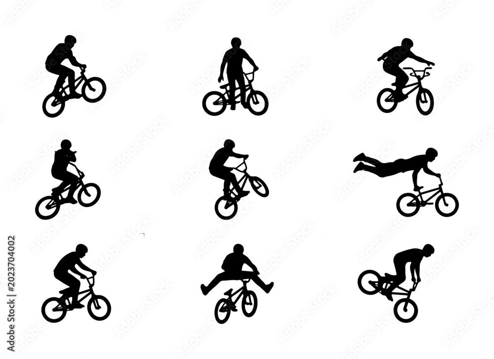Obraz premium BMX Bicycle Rider Silhouettes, Extreme Sports Action Poses, Dynamic Cycling Stunts Collection, Vector Graphic Elements for Sports and Adventure Themes