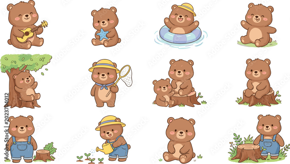 Fototapeta premium Cute bear cartoon character collection with gardening swimming music and relaxing poses vector illustration set