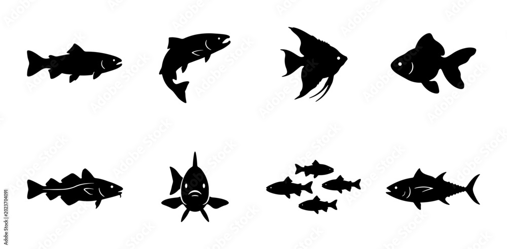 Fototapeta premium Diverse Fish Silhouettes Collection, Aquatic Life Icons, Seafood Variety, Marine Animal Graphics, Ocean Creatures Vector Set