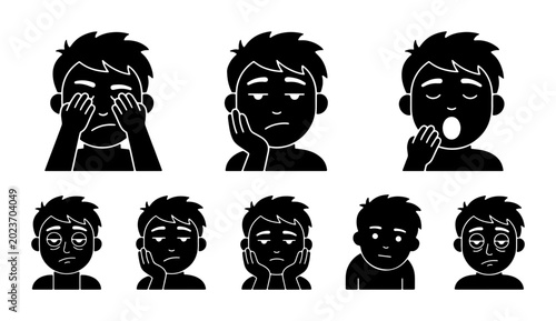 Tableau sur toile Tired Boy Emotions Vector Icons, Sleepy Child Faces Set, Exhausted Kid Expressio