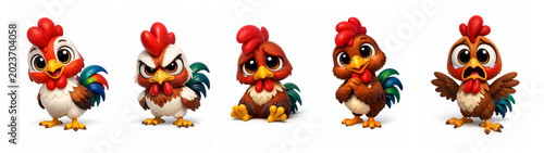 Happy, Sad, Scared, Angry, and Dancing Emotional Cartoon Rooster Characters on a White Background