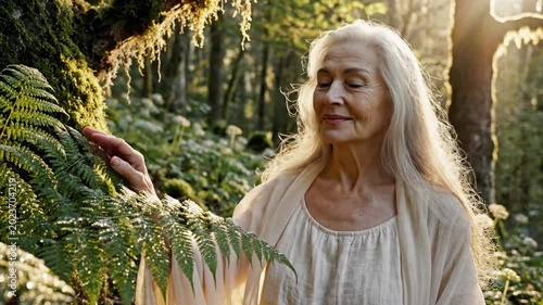 Serene elderly woman with long gray hair in sunlit forest
