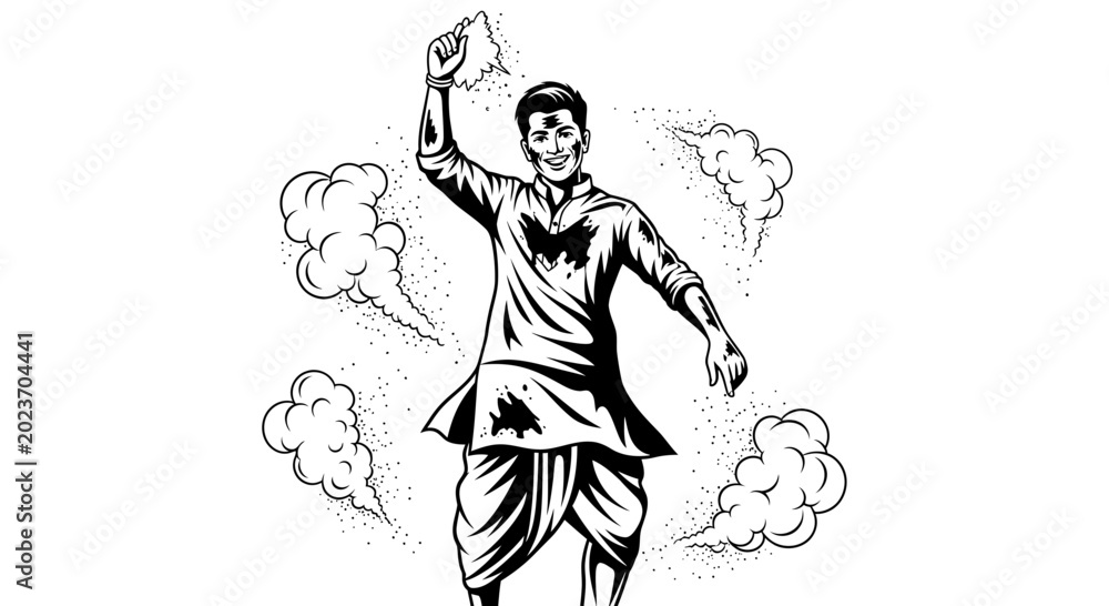 Obraz premium Happy Indian Man Celebrating Holi Festival Black and White Illustration