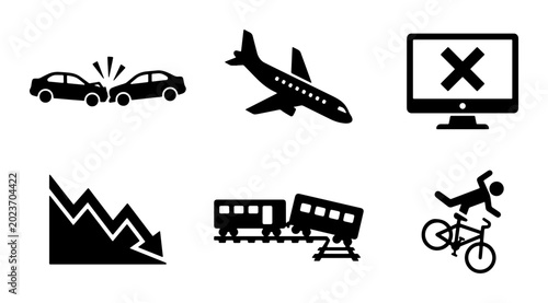 Obraz na plátne Accident Icons: Car Crash, Plane Disaster, Train Derailment, Falling Cyclist, Fi