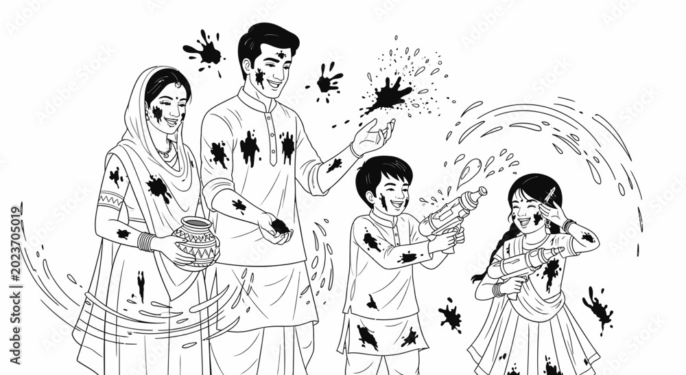 Obraz premium Indian Family Celebrating Holi Festival Line Art Illustration