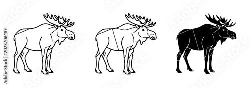 Obraz na plátně Moose Vector Icons: Outline and Silhouette Styles, Wildlife Art for Nature and O