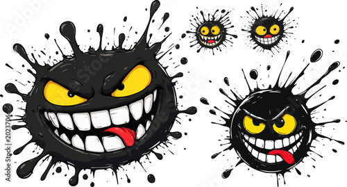 Εκτύπωση καμβά Grungy black ink monster characters with angry faces, set of 4 evil splatter mon