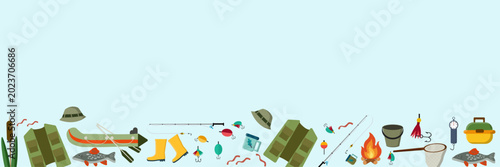A horizontal border design featuring a collection of flat vector fishing and camping equipment icons isolated on white. Perfect for outdoor adventure banners, website footers, Father's Day cards, fish
