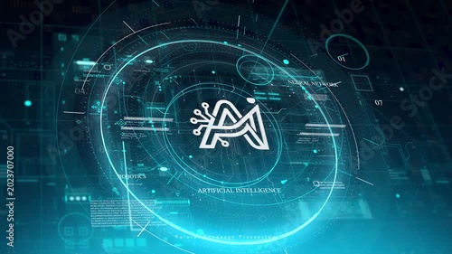 Futuristic AI Interface with Glowing Teal Rings and Natural Language Processing HUD Animation