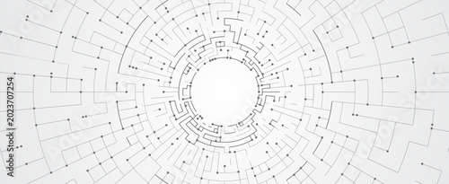 abstract circular network connection background with radial dot line pattern, HUD ring diagram and white copy space center on light gray for modern technology design, AI concept