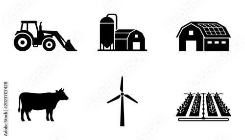 Bild auf Leinwand Farm Icons Set: Tractor, Barn, Silo, Cow, Wind Turbine, Hydroponics, Agriculture
