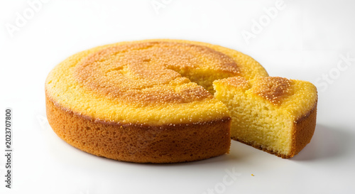 A freshly baked corn cake, a slice cut from the golden-brown confection