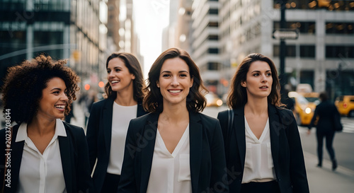 Four professional women in business attire walking down a city street, exuding confidence and determination