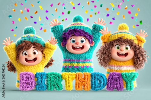 Cute animated children wearing colorful knitted sweaters and hats celebrating birthday with confetti around