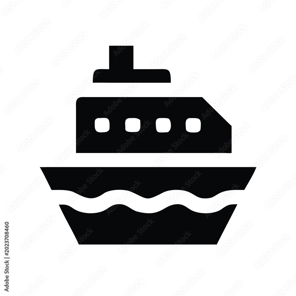 Obraz premium Modern ferry boat sailing on calm water - Black and white vector illustration of a sleek ferry ship cruising over gentle waves, ideal for travel or maritime themes.
