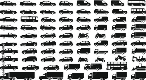 Tableau sur toile Large Transportation Vehicle Silhouettes Collection Including Cars Trucks Buses