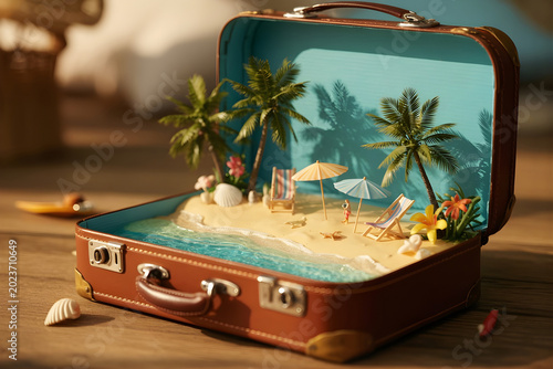 Red vintage suitcase with tropical island scene inside