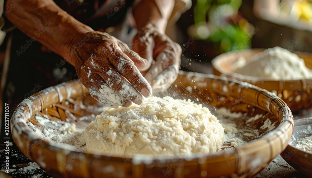 Fototapeta premium Hands Kneading Dough in Wooden Bowl - A Culinary Tradition.