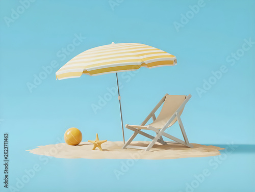 Beach chair with umbrella starfish and ball on sand