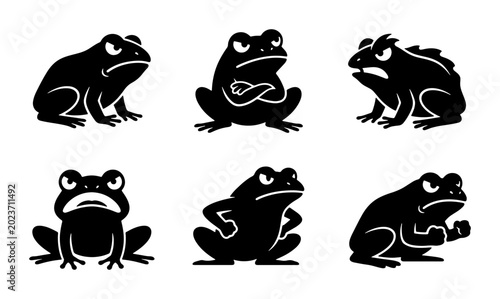Tableau sur toile Set of Six Black Frog Silhouettes, Expressing Anger and Frustration, Vector Icon