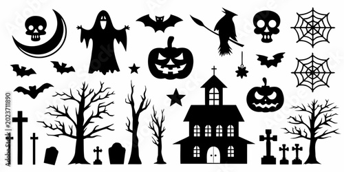 halloween silhouettes including ghosts bats pumpkins haunted house