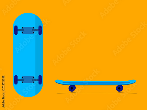 Blue skateboard deck with wheels and trucks flat icon set. Urban youth culture, extreme sports, and skating equipment concept.