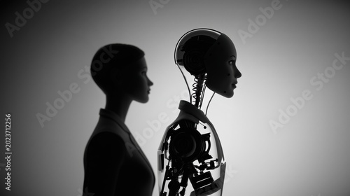Humanoid robot leading with humans behind, AI adoption and future society