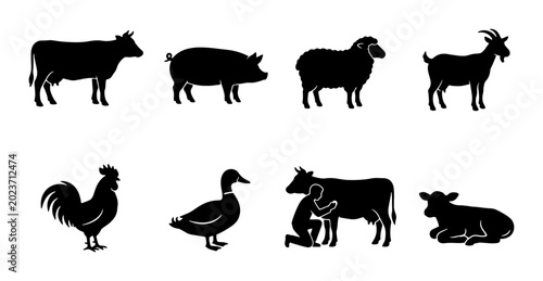 Photos Farm Animal Silhouettes Collection: Cow, Pig, Sheep, Goat, Rooster, Duck, Calf,