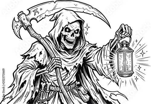 Bild auf Leinwand grim reaper holding scythe and lantern black and white illustration