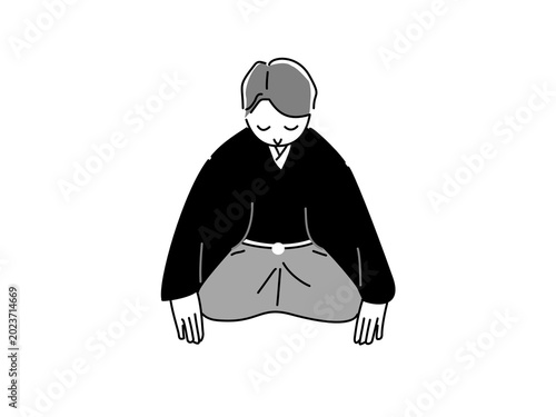 正座で挨拶をする袴の男性　png
