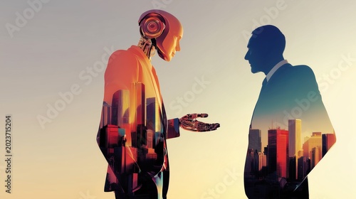 Human and AI digital identities meeting in smart city future of work concept