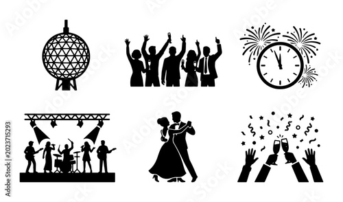 Photography New Year's Eve Celebration Icons: Disco Ball, Party People, Fireworks Clock, Ban