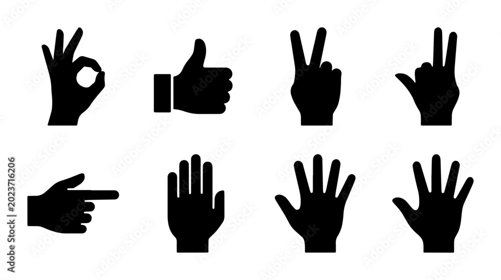 Obraz premium Set of 8 Black Hand Gestures Icons, Vector Graphics for Communication and Approval, Simple Silhouette Symbols