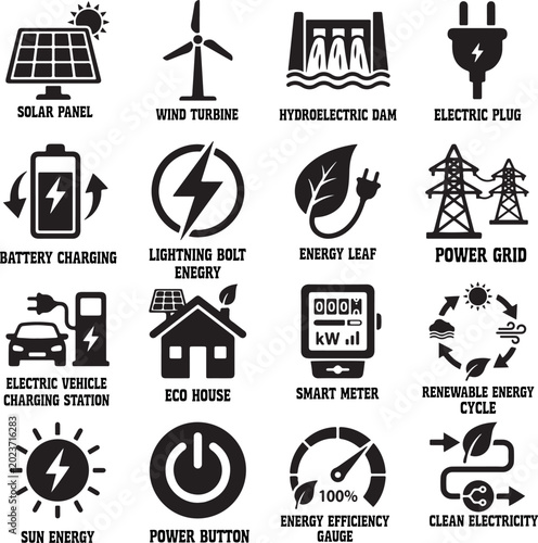Foto Clean energy icons: solar wind hydro battery electric vehicle eco home
