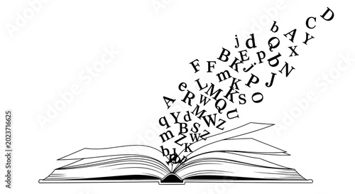 Open Book with Flying Alphabet Letters Concept
