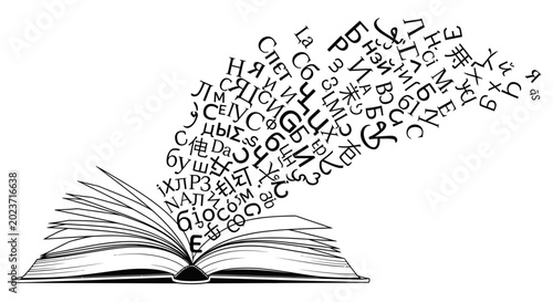 Open book with floating abstract letters, education and knowledge concept