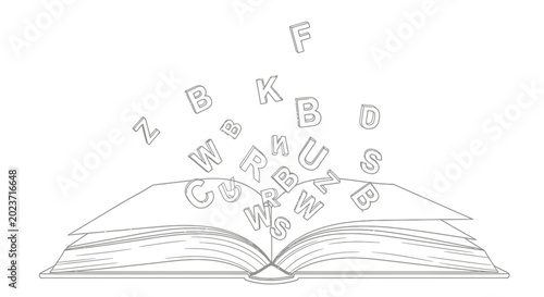 Open Book with Floating Letters Line Art Illustration