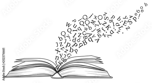 Open Book with Flying Letters Concept Illustration